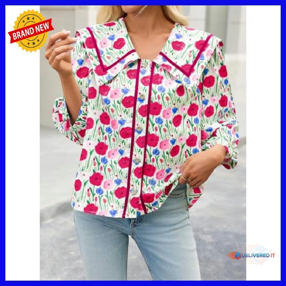 Floral Button Down Blouse 3/4 Sleeve Square Neck Collared Top - Picture 4 of 8